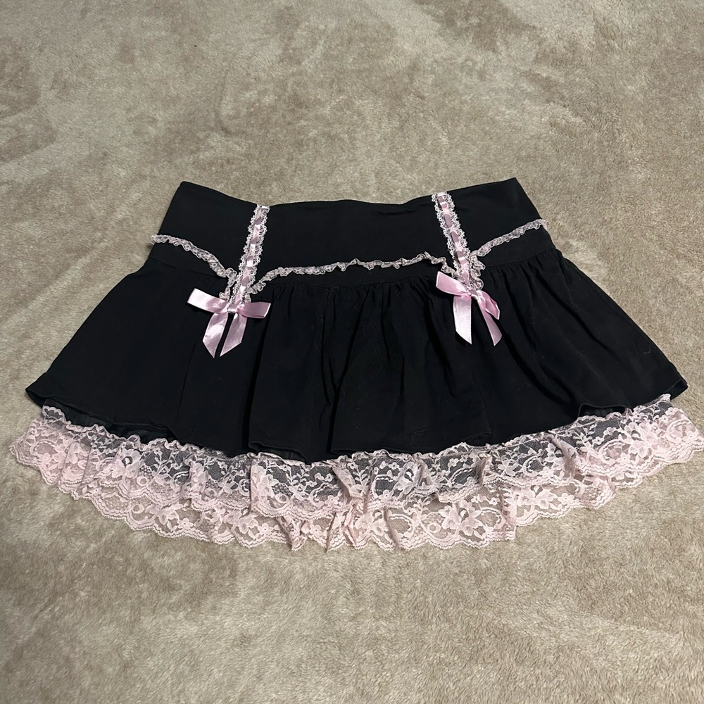 Widow Black Skirt with Pink Lace Trim and Bows